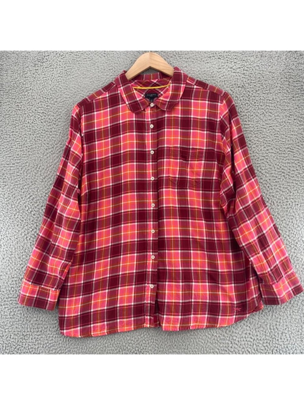 Talbots Shirt Womens 2X Coral Pink Plaid Cotton Button Up Long Roll Tab Sleeves
